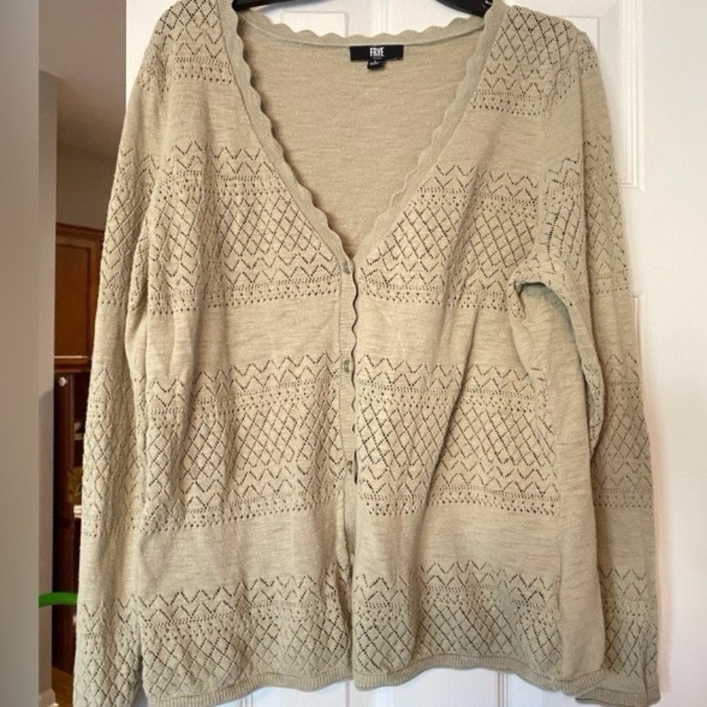 Woman’s V-Neck Button Down Light Olive/cardigan. Open Weave. Large.  Frye  EUC